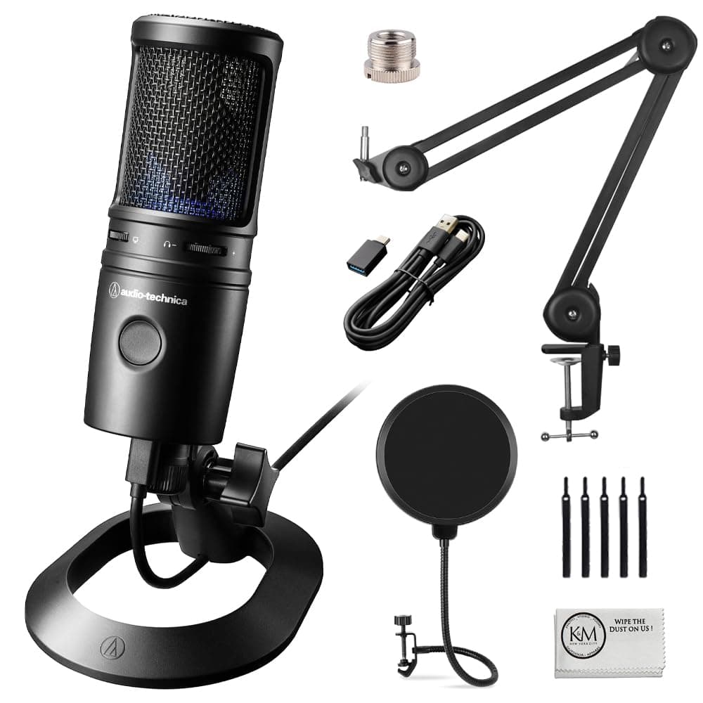 Audio-Technica AT2020USB-X Cardioid Condenser USB Microphone with Microphone Arm + Wind Screen Pop Filter + Cleaning Cloth (4 Items)