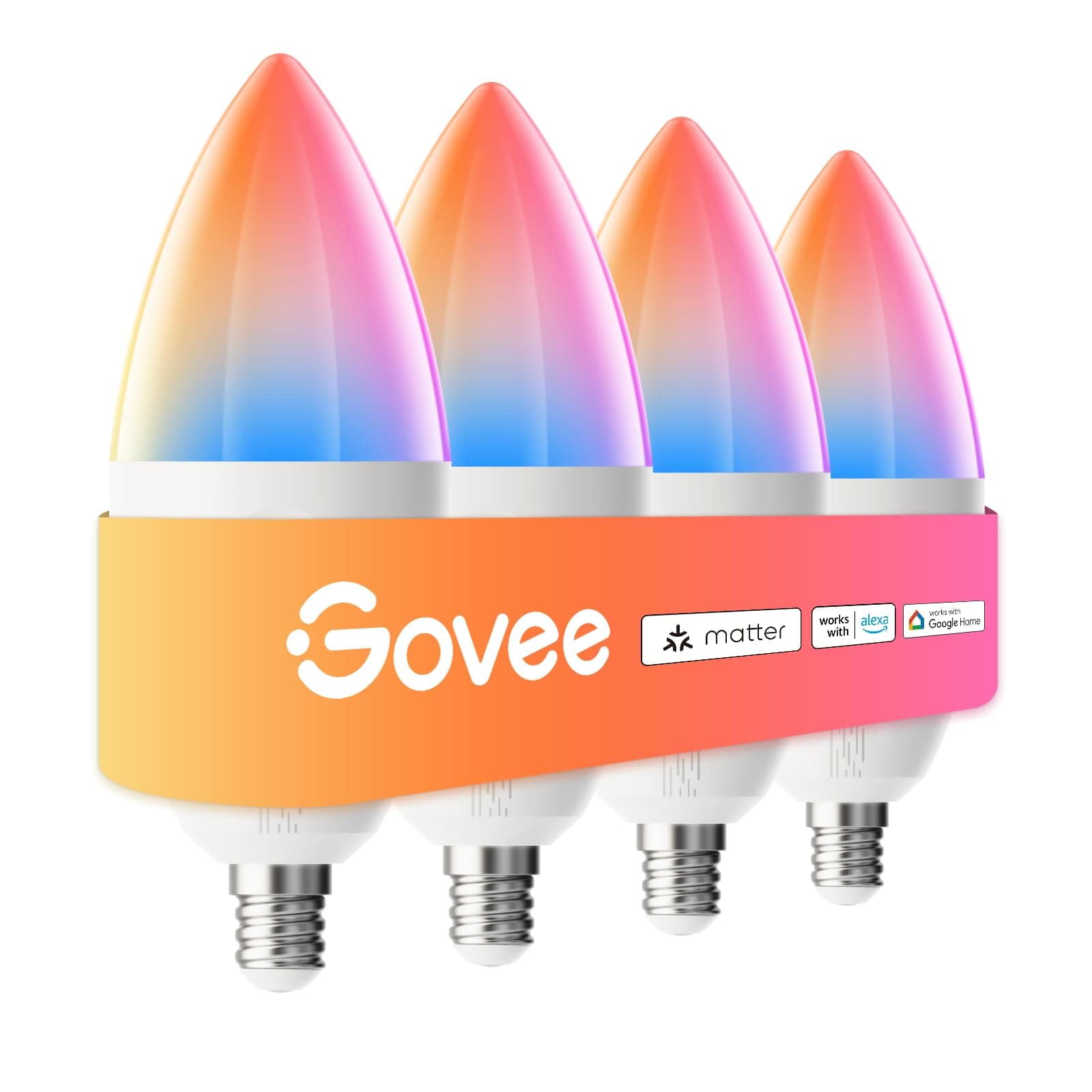 Govee E12 Led Bulb, Smart Light Bulbs Work with Matter, Alexa, Google Assistant, WiFi Candelabra Bulbs 40 Watt Equivalent, RGBWW Color Changing Light Bulb, 2.4Ghz Only, 450 LM, 4 Pack