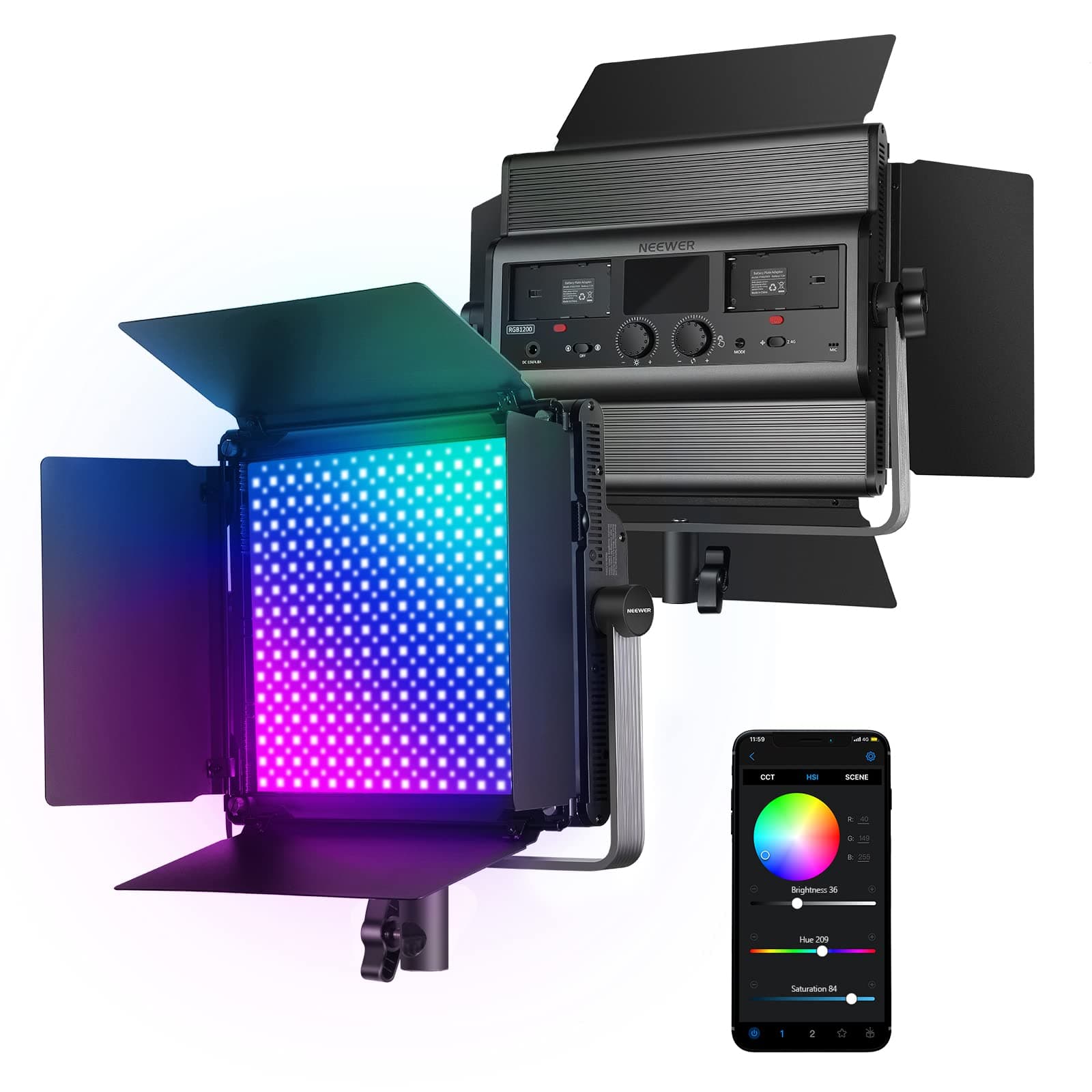 NEEWER RGB1200 RGB LED Video Light Panel with APP/2.4G Control, 60W Studio Photography Lighting 22000Lux@0.5m/1% Precise Min Dimming/360° Full Color/ CRI97+/TLCI98+/2500K-8500K/18 Effect with Barndoor