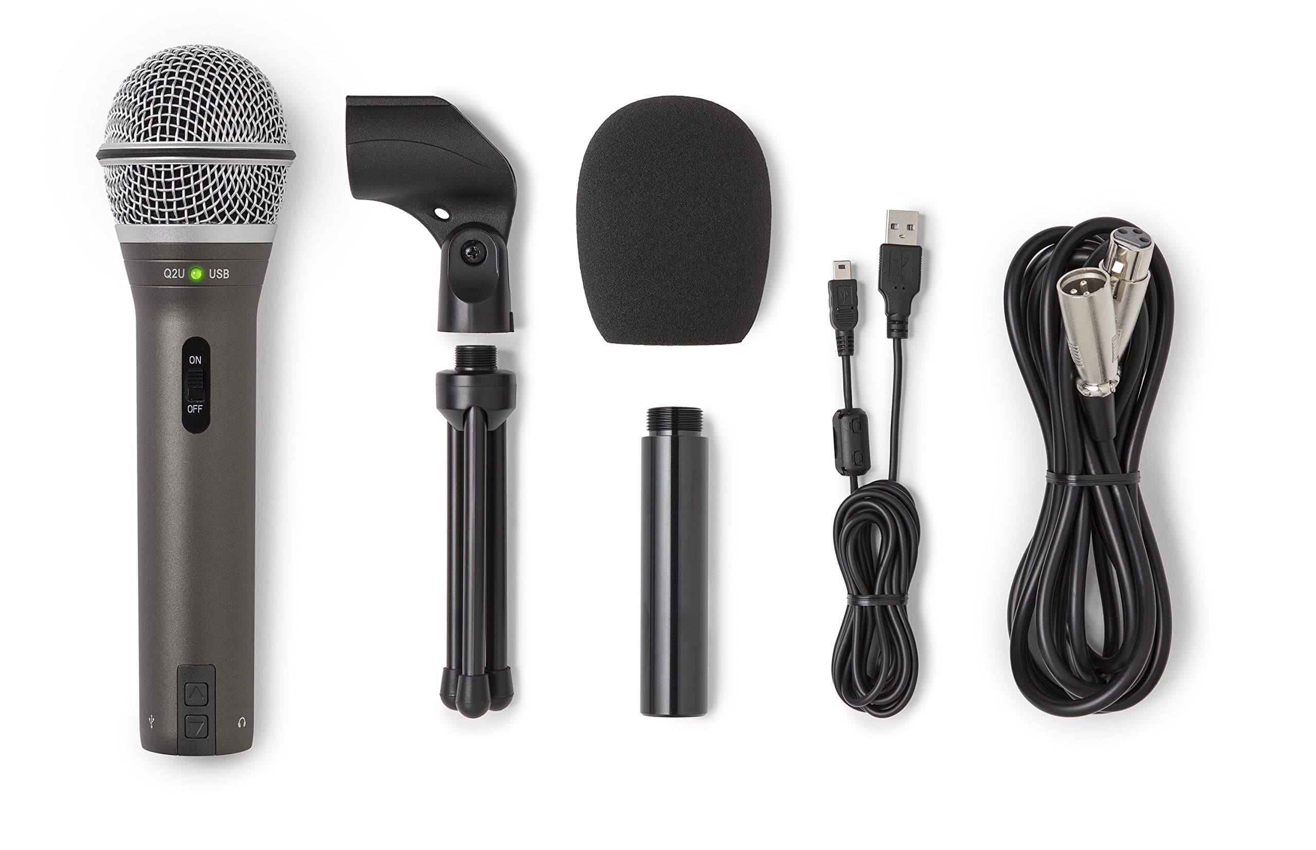 SAMSON Technologies Q2U USB/XLR Dynamic Microphone Recording and Podcasting Pack (Includes Mic Clip, Desktop Stand, Windscreen and Cables), Silver