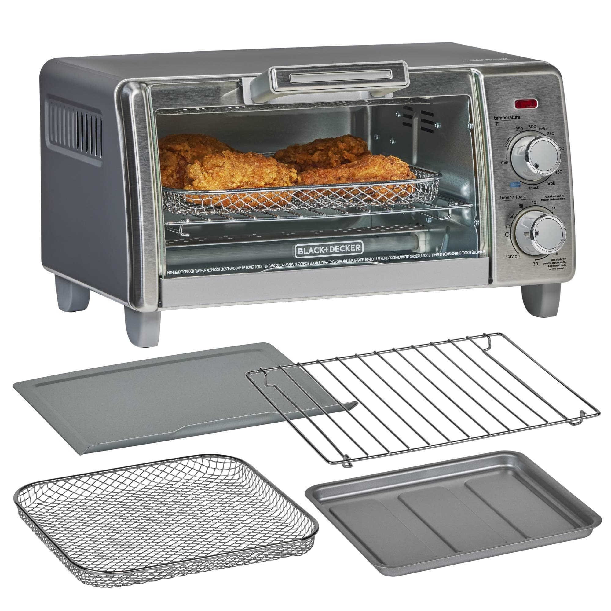 BLACK+DECKER Crisp 'N Bake Air Fry Countertop Convection Toaster Oven, Medium Capacity, 4-Slice, 5-in-1, Fits 9” Pizza, 30-Min Timer, Bake, Broil, Air Fry, Toast, Keep Warm, Stainless Steel