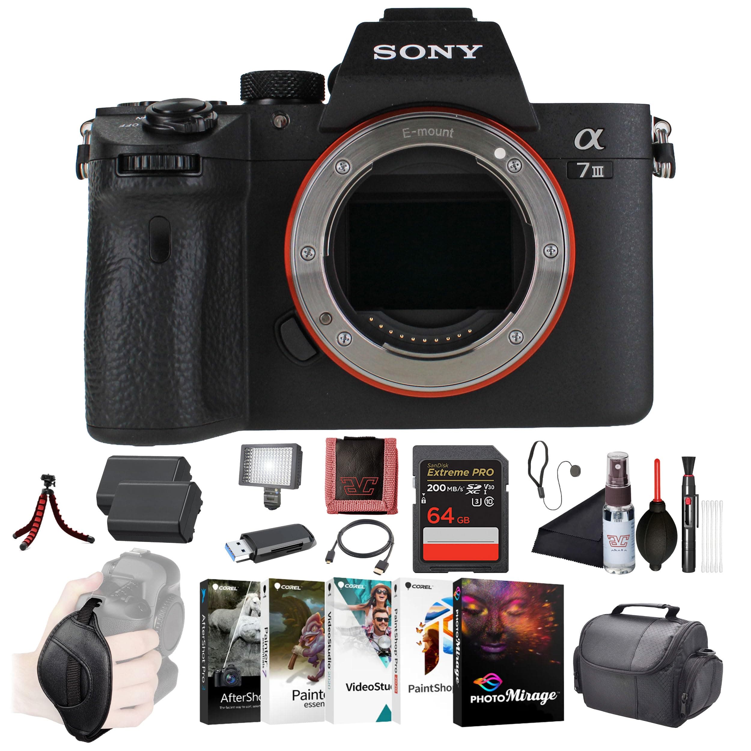 Sony a7 III Mirrorless Camera (ILCE7M3/B) – Full-Frame E-Mount | 24.2MP Sensor | Dual NP-FZ100 Batteries | 4K Video Recording | LED Light, Software, Tripod & More