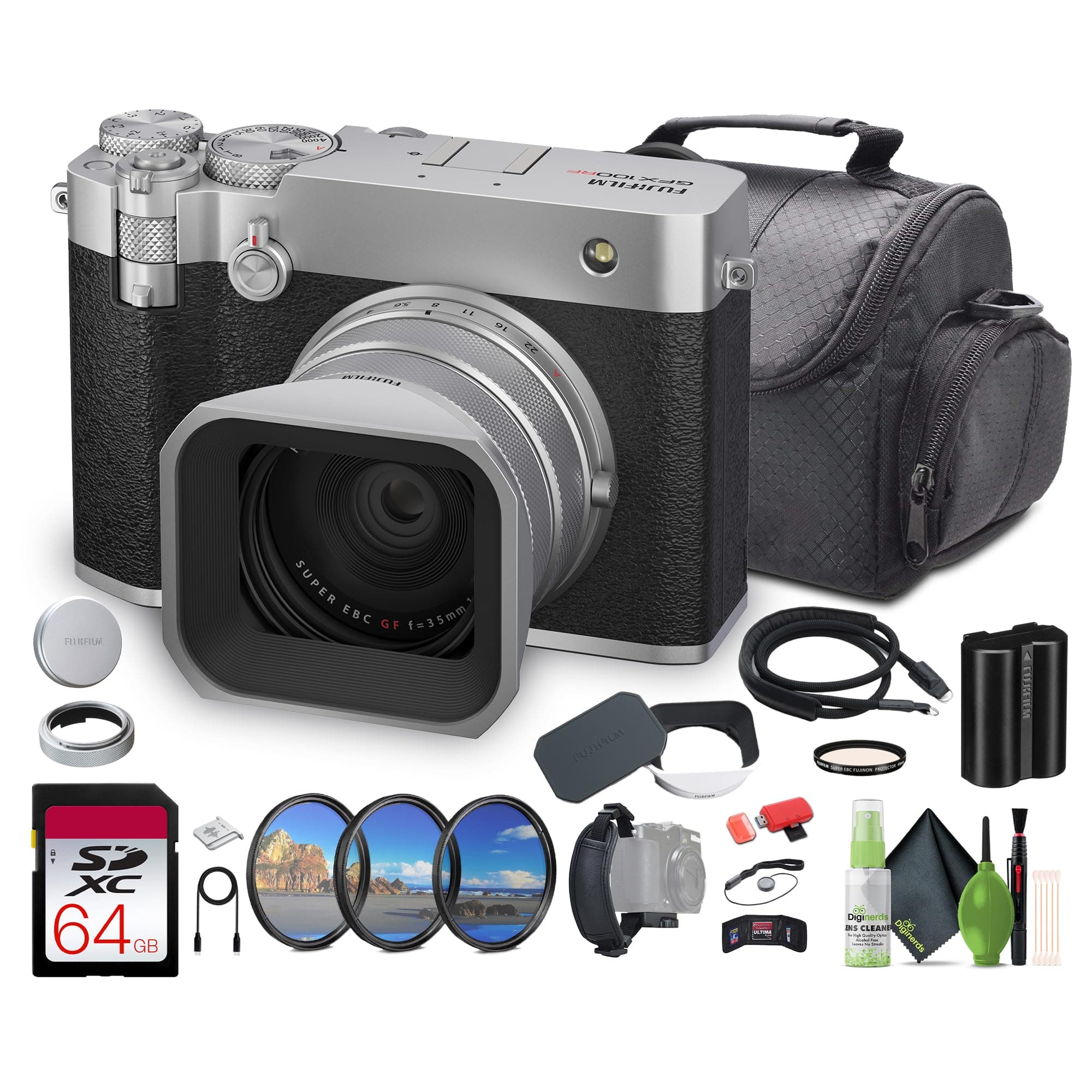 FUJIFILM GFX100RF 102MP Large Format Mirrorless Digital Camera, Powerful Compact Rangefinder Style, 4K/30p Video, AI Autofocus, 35mm F4 Lens, Built-in ND Filter, 20 Film Simulation Bundle (Silver)