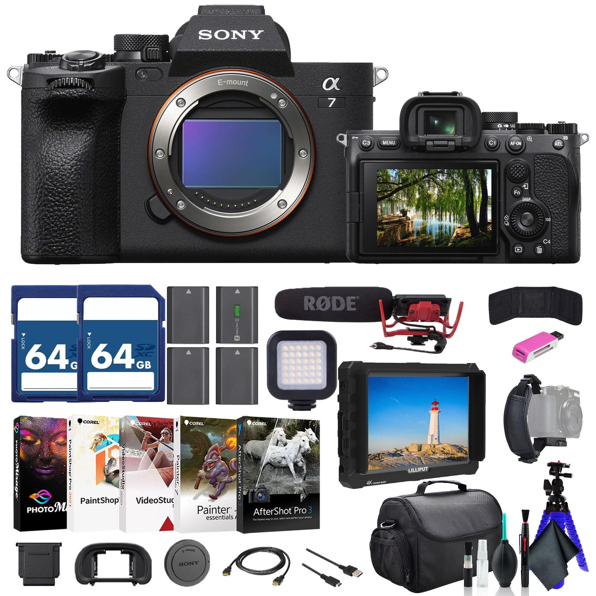 Sony a7 IV Mirrorless Camera ILCE-7M4/B, 4K Monitor, VideoMic, 2 x 64GB Memory Card, Bag, 3 x NP-FZ100 Compatible Battery, Card Reader, LED Light, Corel Photo Software, and More