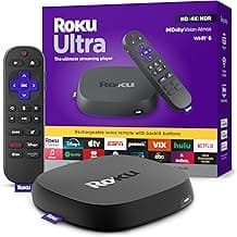 Roku Ultra - Ultimate Streaming Player - 4K Streaming Device for TV with HDR10+, Dolby Vision & Atmos - Bluetooth & Wi-Fi 6- Rechargeable Voice Remote Pro with Backlit Buttons - Free & Live TV
