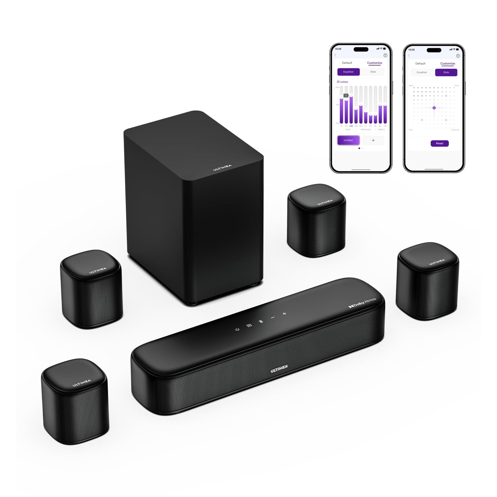 ULTIMEA 7.1ch Sound Bar with Dolby Atmos, Surround Sound System for TV with 4 Surround Speakers, Sound Bar for Smart TV with App Control, Soundbar with Subwoofer for Home Theater, HDMI eARC, Aura A60