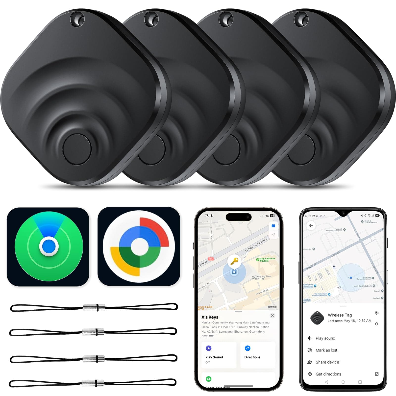 4 Pack Dual System Tracker for iOS and Android Bluetooth Tracker Smart Tags Compatible with Apple Find My (iOS) & Google's Find Hub(Android) for Keys, Luggage, Wallet, Vehicles