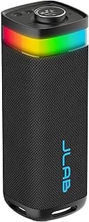 JLab JBuds Party Portable Bluetooth Speaker, 2 Full-Range Drivers + 2 Passive Woofers, IP56 Waterproof, 12 Hours Playtime, Connect Multiple Speakers, Custom Sound + RGB Lighting via App, Black